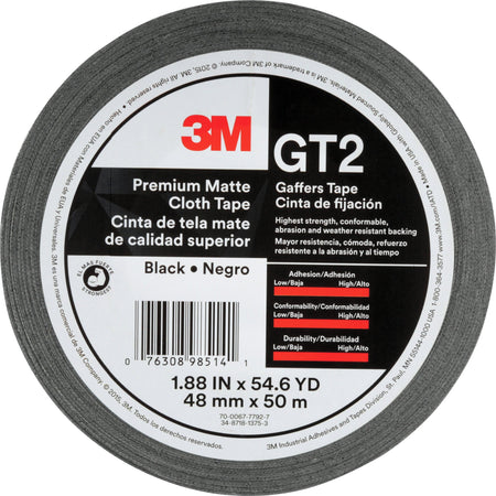 3M Gaffers Cloth Tape - 54.60 yd Length x 1.90" Width x 11 mil Thickness - Black - Vinyl - 1 Roll