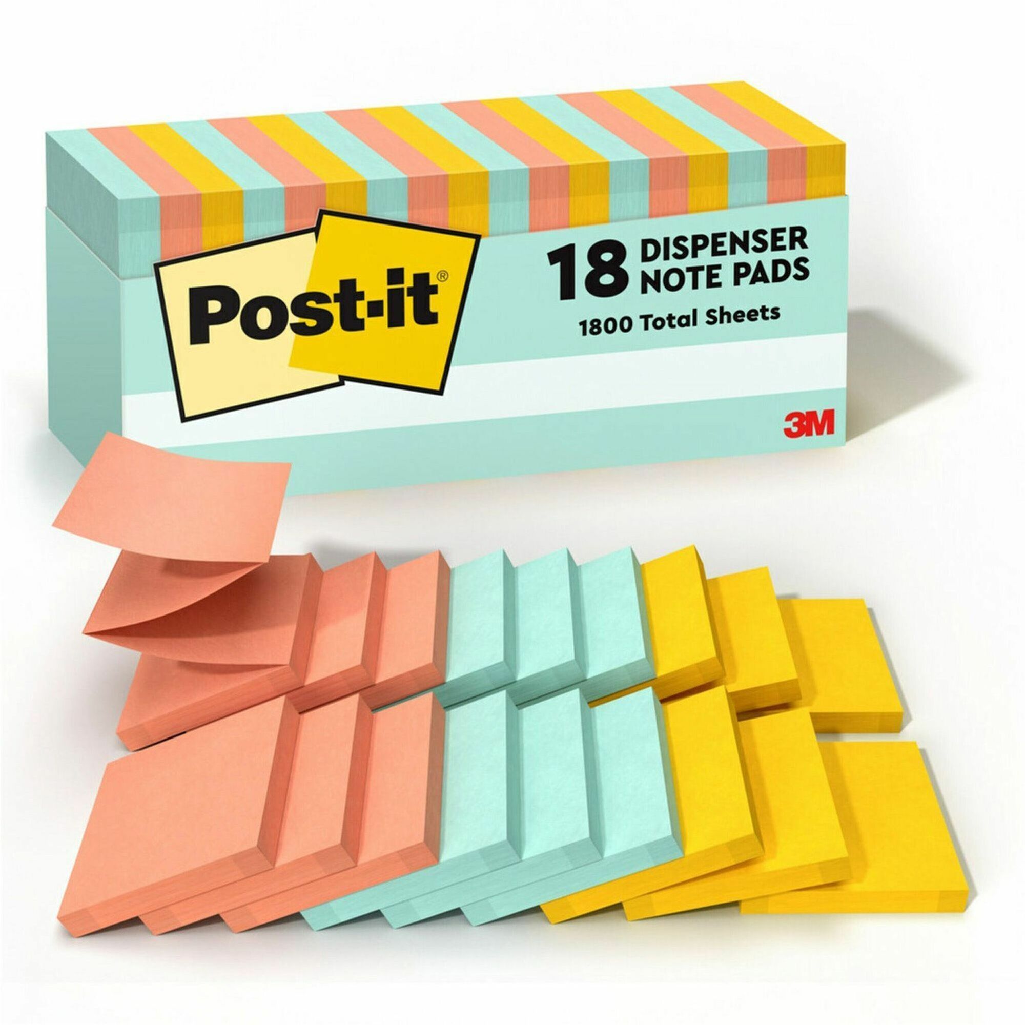 Post-it® Dispenser Notes - Beachside Caf&eacute; Color Collection - 3" Flag/Note Width x 3" Flag/Note Length - Rectangle - Fresh Mint, Sunnyside, Papaya Fizz - 18 / Pack