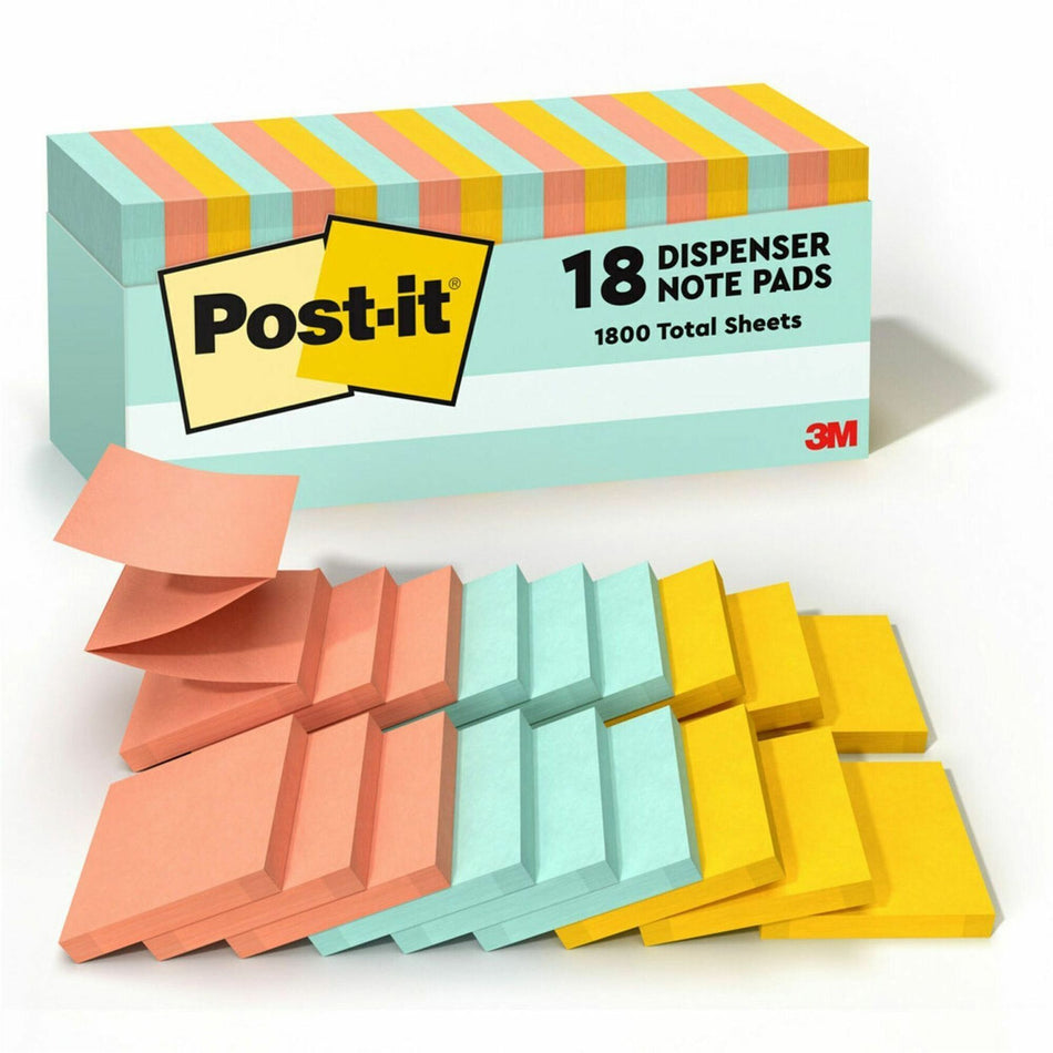 Post-it® Dispenser Notes - Beachside Caf&eacute; Color Collection - 3" Flag/Note Width x 3" Flag/Note Length - Rectangle - Fresh Mint, Sunnyside, Papaya Fizz - 18 / Pack