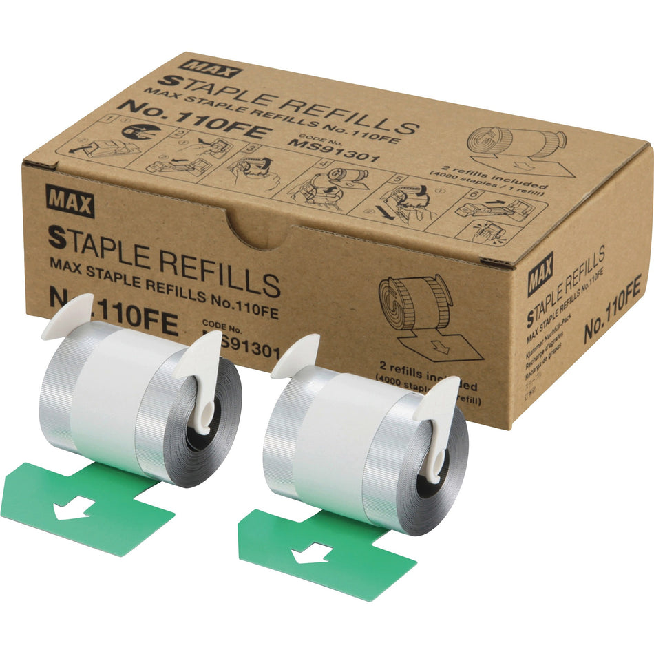 MAX 110Fe Staple Refill - 9/16" Leg - Holds 100 Sheet(s) - for Paper - Silver - 4000 Per Cartridge - 8000 / Box