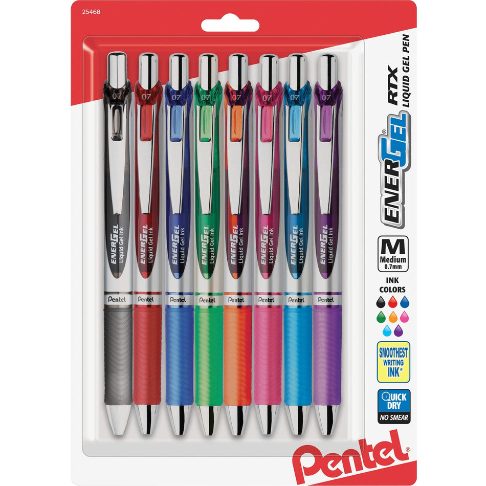 Pentel Liquid Steel Tip Gel Pens - 0.7 mm Medium Pen Point - Refillable - Retractable - Assorted Ink - Gel-based - Stainless Steel Tip - 8 / Pack