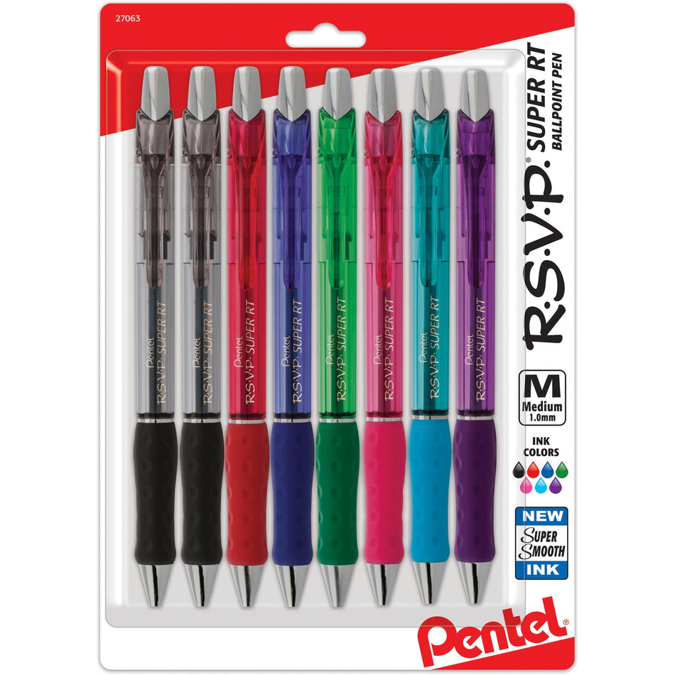 Pentel R.S.V.P. Super RT Retractable Ballpoint Pen - 1 mm Pen Point - Retractable - Translucent Barrel - 8 / Pack