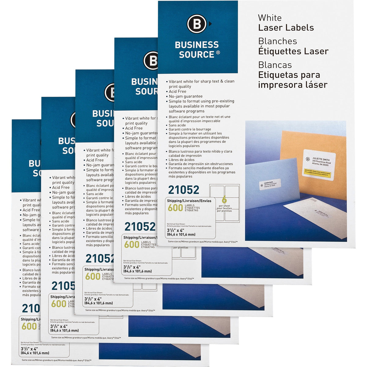 Business Source Bright White Premium-quality Address Labels - 3 1/3" Width x 4" Length - Permanent Adhesive - Rectangle - Laser, Inkjet - White - Jam-free - 6 / Sheet - 500 Total Sheets - 600/Pack - 5 / Carton