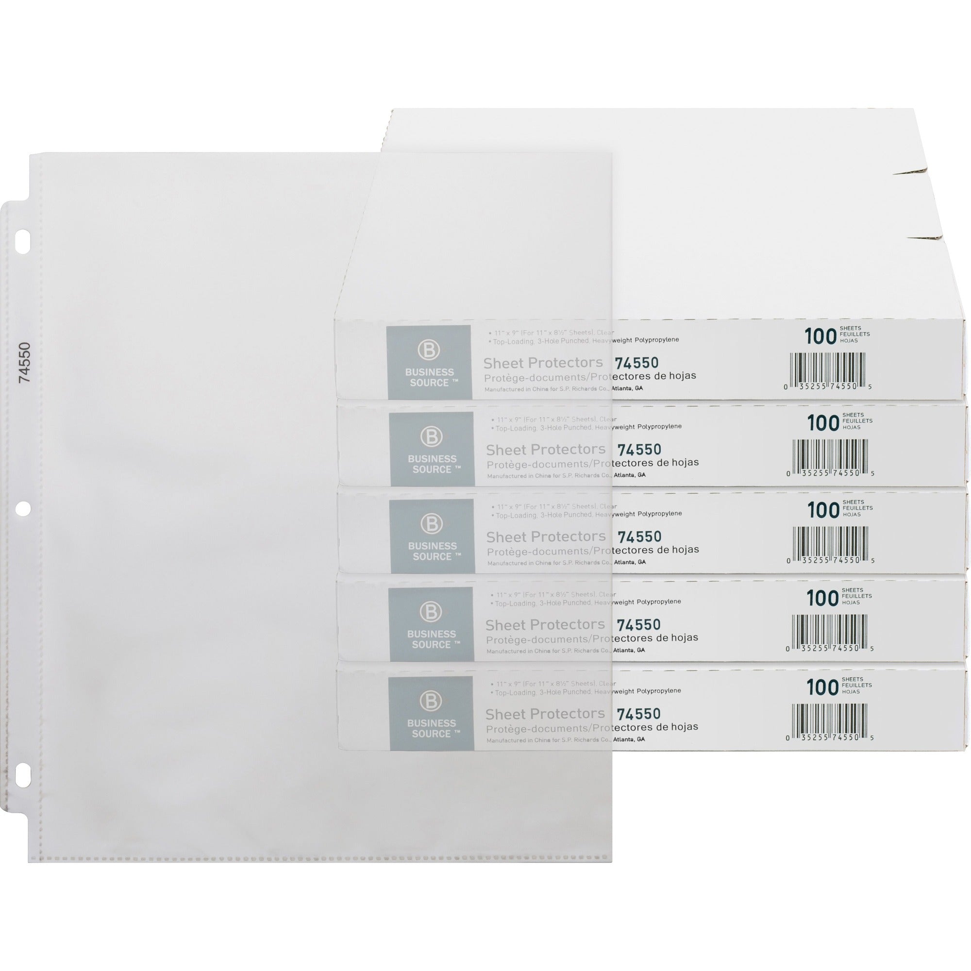 Business Source Top-Loading Poly Sheet Protectors - 3.2 mil Thickness - For Letter 8 1/2" x 11" Sheet - 3 x Holes - Ring Binder - Rectangular - Clear - Polypropylene - 100/Box - 5 / Carton