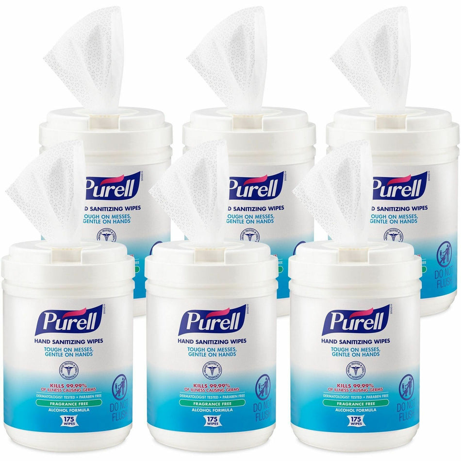 PURELL® Alcohol Hand Sanitizing Wipes - 6" Width x 7" Length - White - 175/Tub - 6 / Carton