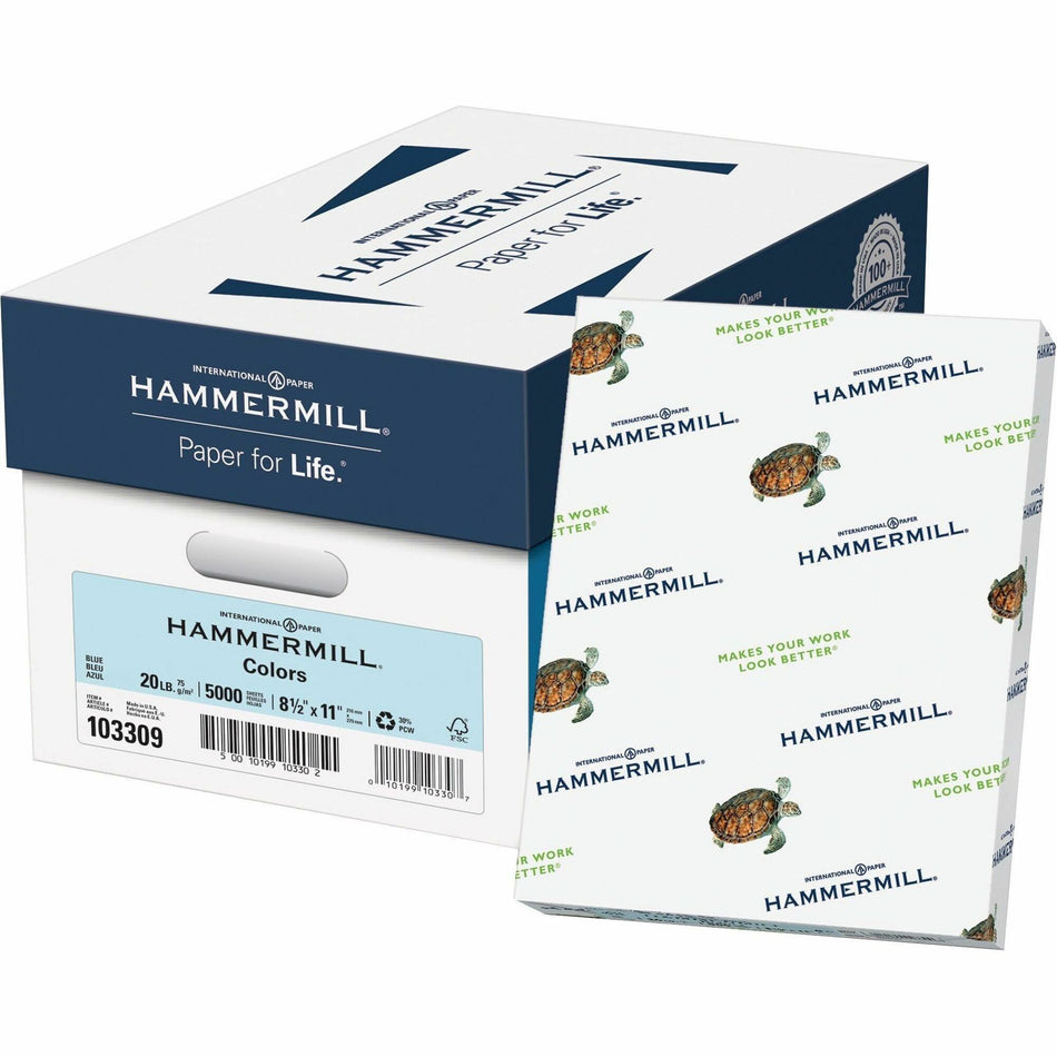 Hammermill Colors Recycled Copy Paper - Blue - Letter - 8 1/2" x 11" - 20 lb Basis Weight - Smooth - Jam-free, Archival-safe, Acid-free - Blue - 500 Sheets per Ream - 10 / Carton