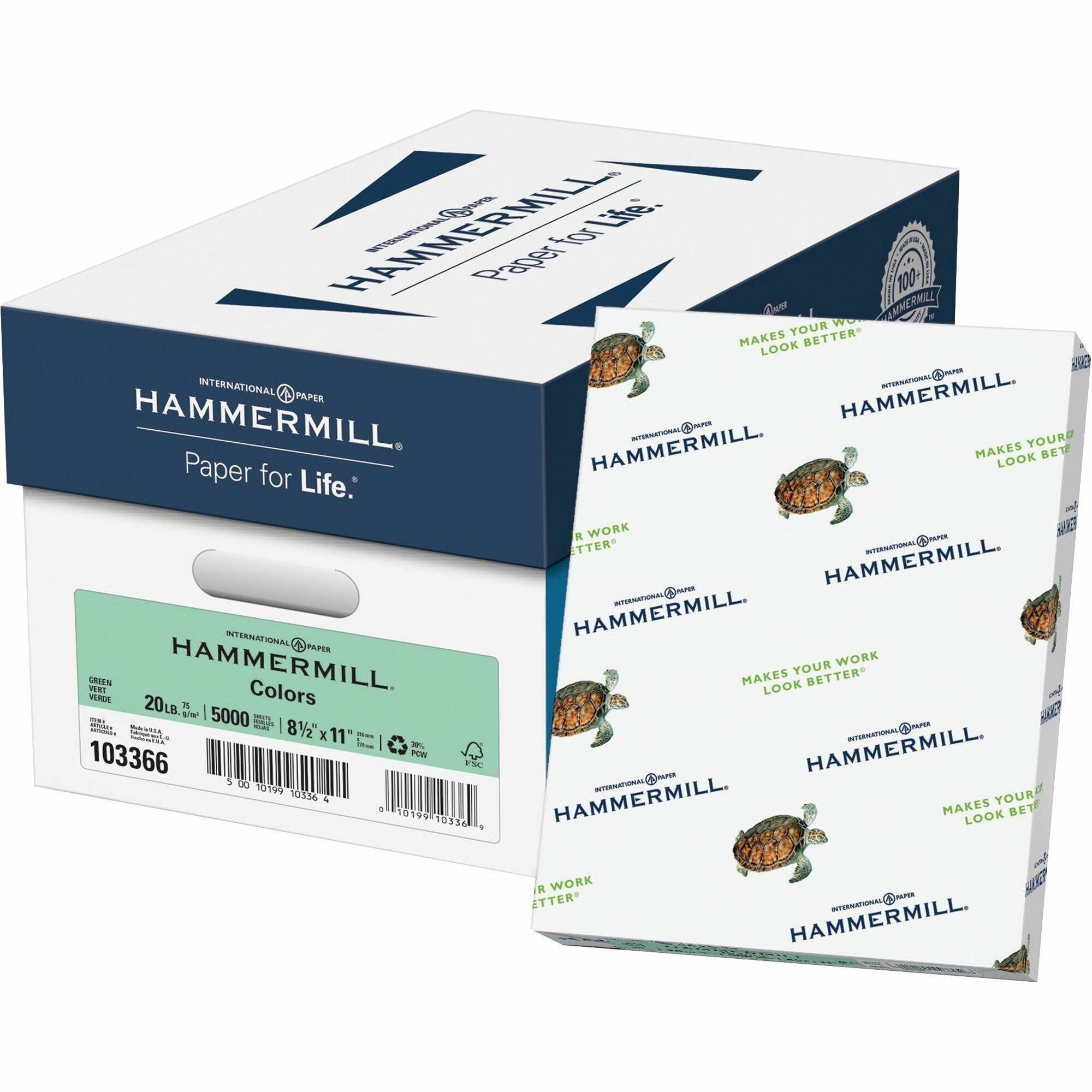 Hammermill Colors Recycled Copy Paper - Green - Letter - 8 1/2" x 11" - 20 lb Basis Weight - Smooth - Jam-free, Archival-safe, Acid-free - Green - 500 Sheets per Ream - 10 / Carton