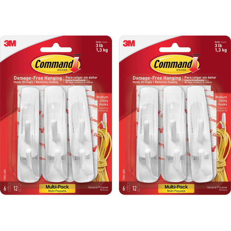 Command Medium Utility Hooks with Adhesive Strips - 3 lb (1.36 kg) Capacity - for Paint, Wood, Tile - White - 6/Pack - 2 / Bag