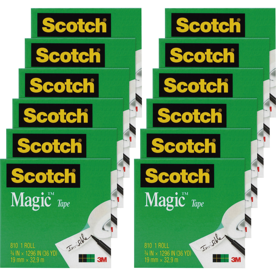 Scotch 3/4"W Magic Tape - 36 yd Length x 0.75" Width - 1" Core - Matte - Clear - Split Resistant, Tear Resistant - For Mending, Splicing - 12 / Pack