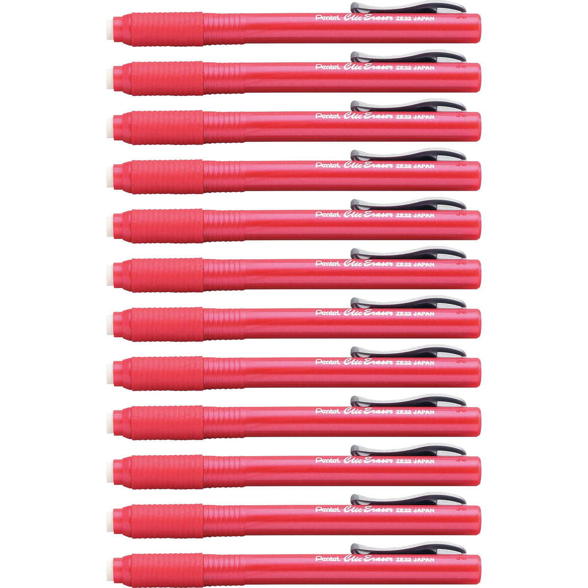 Pentel Rubber Grip Clic Eraser - Red Barrel - Pen - Refillable - 12 / Box - Retractable, Latex-free Grip, Pocket Clip, Ghost Resistant, Non-abrasive