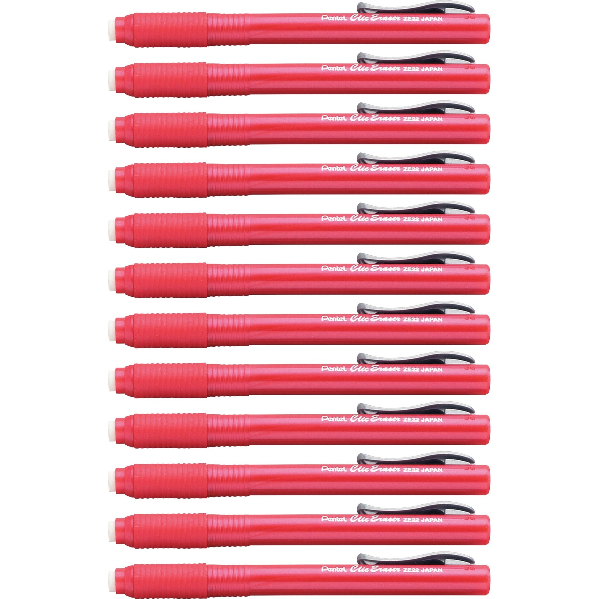 Pentel Rubber Grip Clic Eraser - Red Barrel - Pen - Refillable - 12 / Box - Retractable, Latex-free Grip, Pocket Clip, Ghost Resistant, Non-abrasive