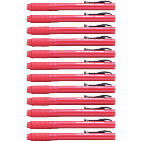 Pentel Rubber Grip Clic Eraser - Red Barrel - Pen - Refillable - 12 / Box - Retractable, Latex-free Grip, Pocket Clip, Ghost Resistant, Non-abrasive