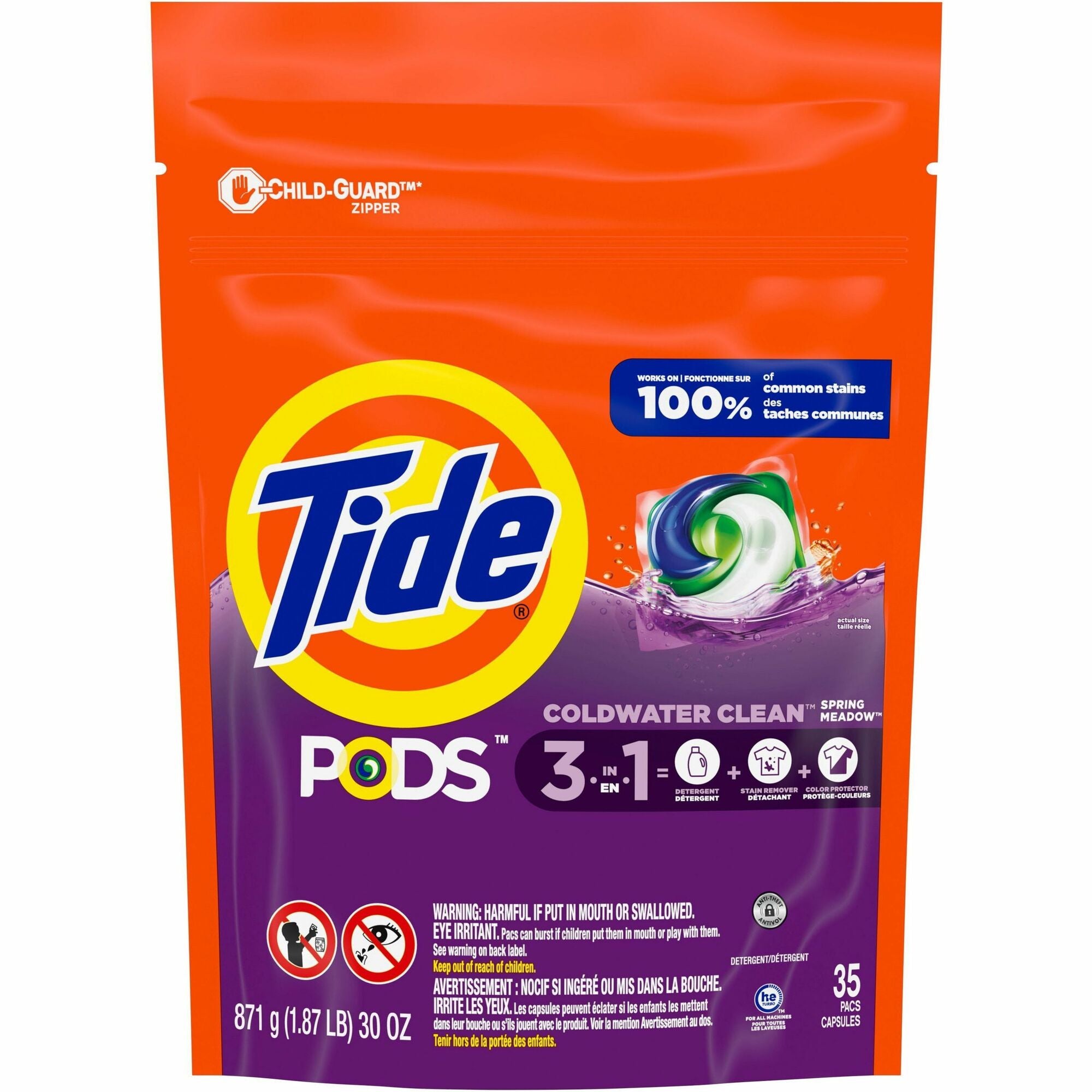 Tide PODS 3-1 Laundry Detergent - Spring Meadow Scent - Spill Resistant - White, Orchid - 35/Bag - 4 / Carton