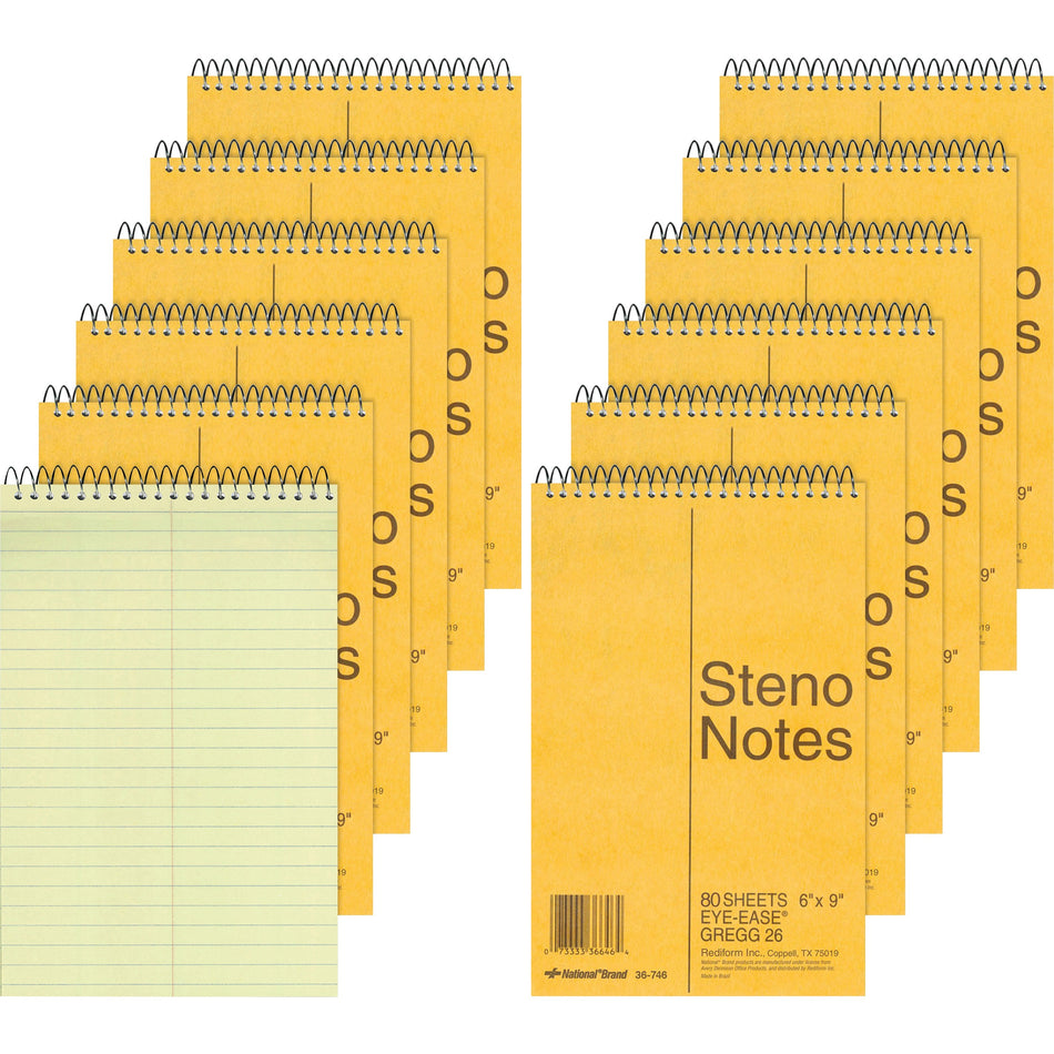 Rediform Steno Notebooks - 80 Sheets - Wire Bound - Gregg Ruled Margin - 16 lb Basis Weight - 6" x 9" Sheet Size - Green Paper - Brown Board Cover - Hard Cover, Rigid - 12 / Pack