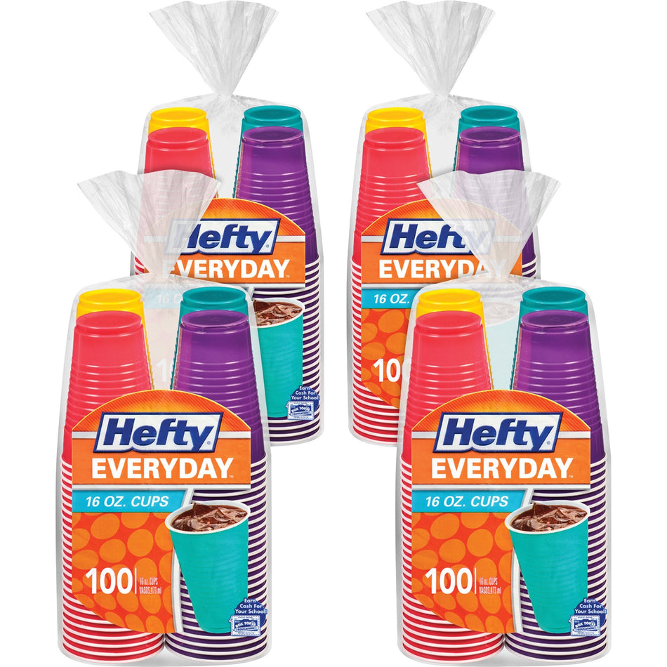 Hefty Everyday 16 oz Disposable Party Cups - 16 fl oz - Yellow, Purple, Red, Teal, Assorted Bright - Plastic - Cold Drink, Party - 100/Pack - 4 / Carton