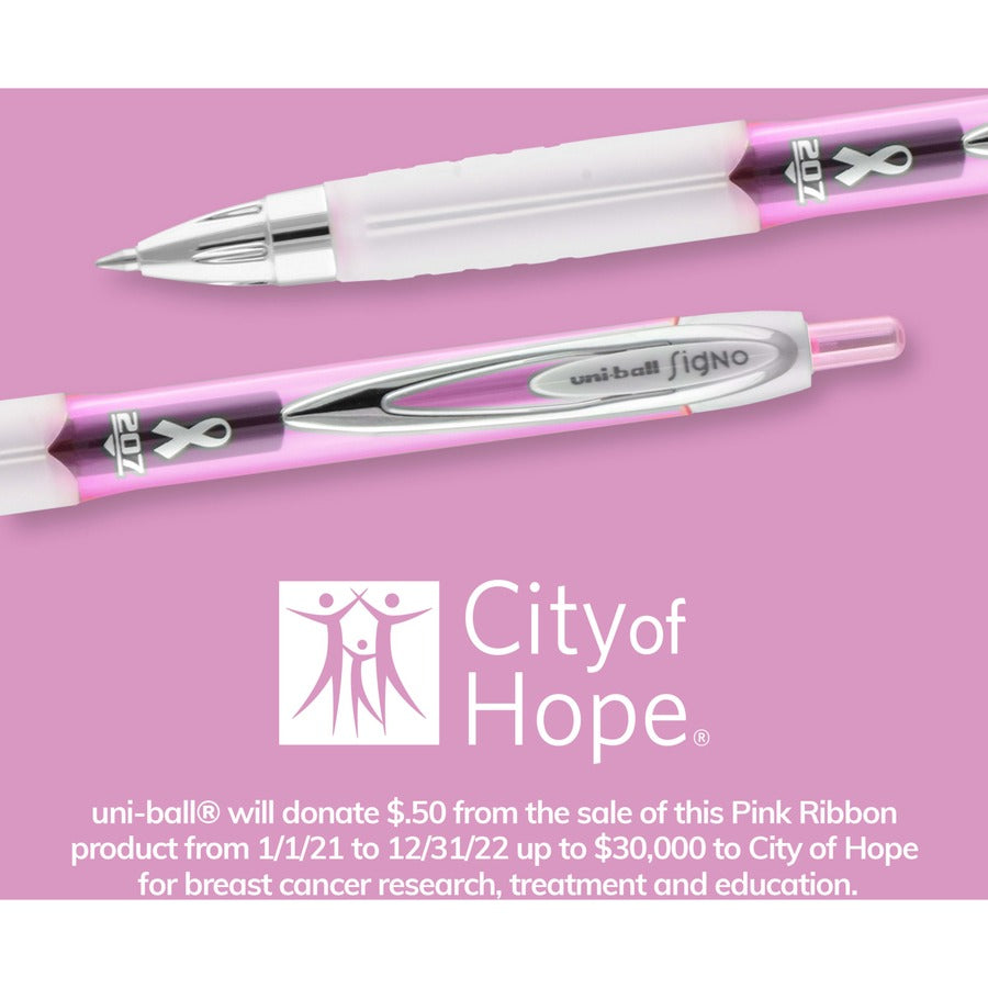 uniball&#8482; 207 Pink Ribbon Gel Pens - 0.7 mm Pen Point - Refillable - Retractable - Black Ink - Gel-based - Pink, Black Barrel - 12 / Box