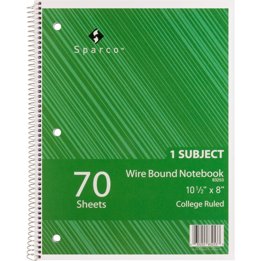 Sparco Wirebound Notebooks - 70 Sheets - Wire Bound - College Ruled Front Ruling - Unruled Margin - 16 lb Basis Weight - 8" x 10 1/2" Sheet Size - Assorted Chipboard Cover - Subject, Stiff-cover, Stiff-back, Perforated, Hole-punched - 5 / Bundle
