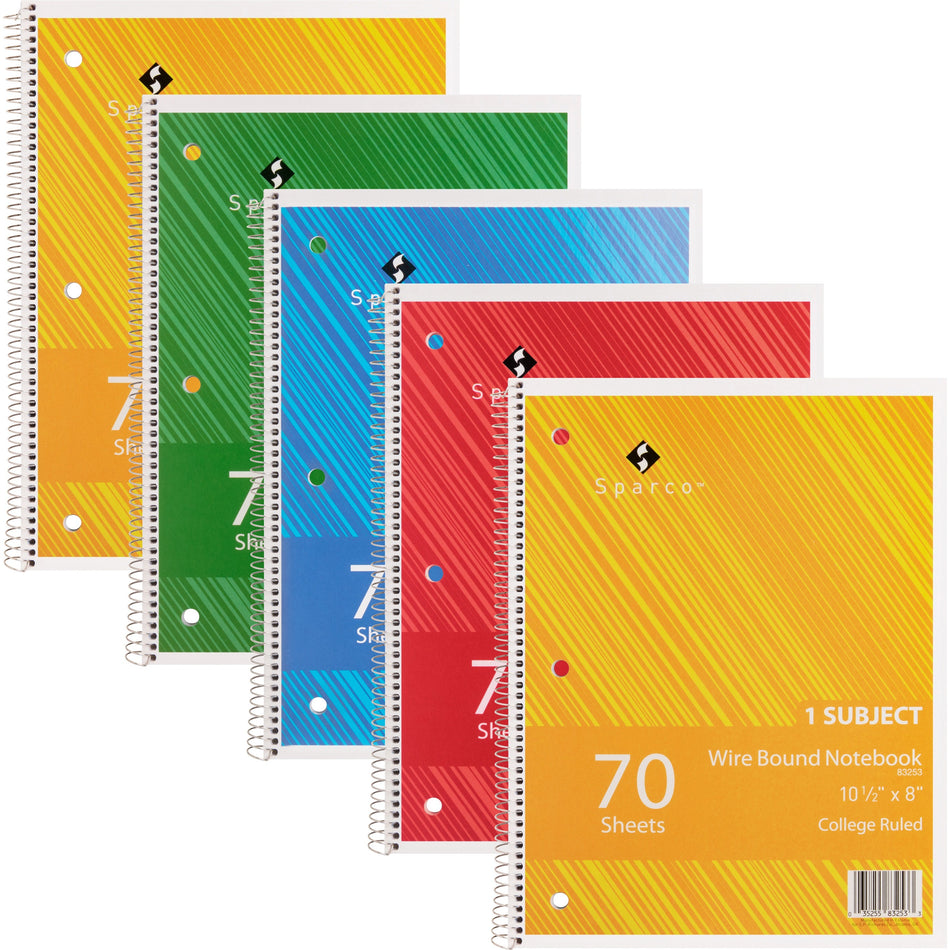 Sparco Wirebound Notebooks - 70 Sheets - Wire Bound - College Ruled Front Ruling - Unruled Margin - 16 lb Basis Weight - 8" x 10 1/2" Sheet Size - Assorted Chipboard Cover - Subject, Stiff-cover, Stiff-back, Perforated, Hole-punched - 5 / Bundle