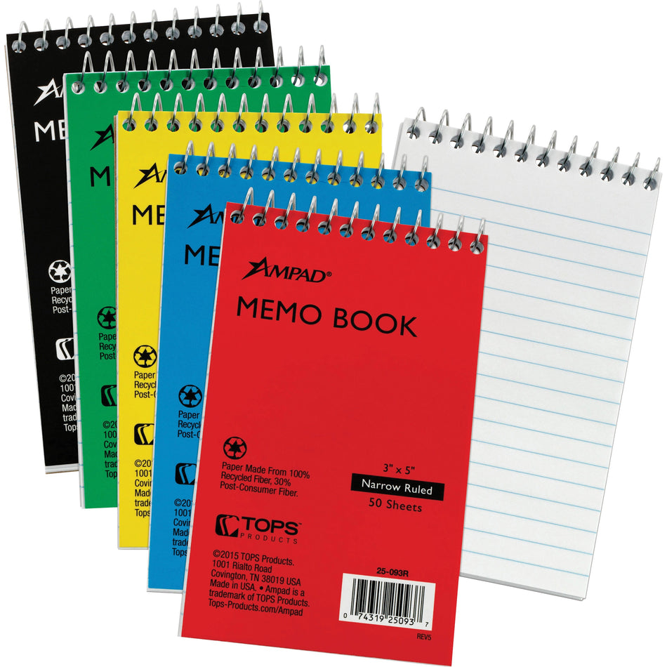 Ampad Topbound Memo Notebooks - 50 Sheets - Wire Bound - 3" x 5" Sheet Size - White Paper - Assorted Pressboard Cover - Rigid, Mediumweight - Recycled - 5 / Bundle