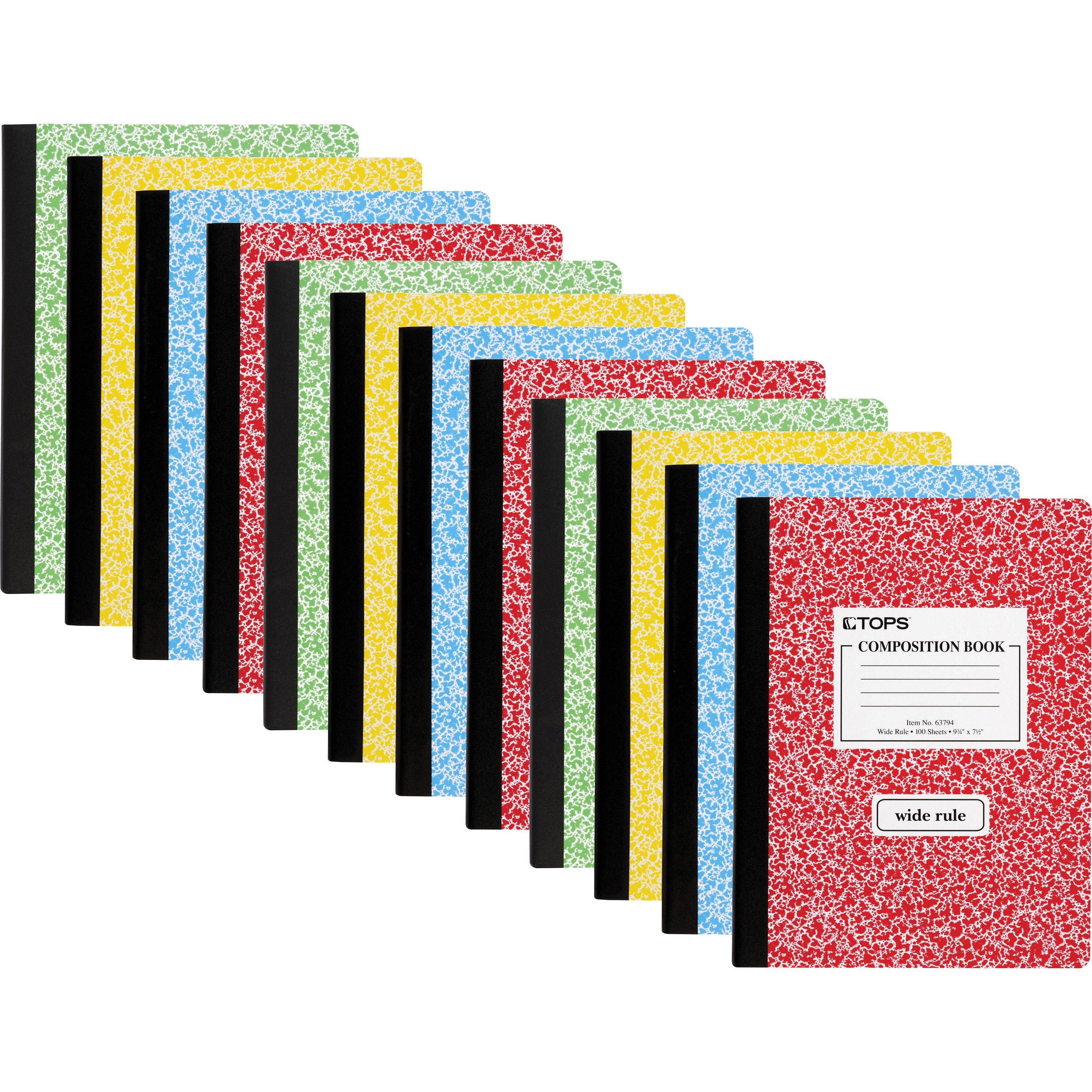 TOPS Wide Ruled Composition Books - 100 Sheets - 200 Pages - Sewn - Wide Ruled Front Ruling - Ruled Red Margin - 7 1/2" x 9 3/4" Sheet Size - White Paper - Assorted Marble Hardboard Cover - 12 / Carton