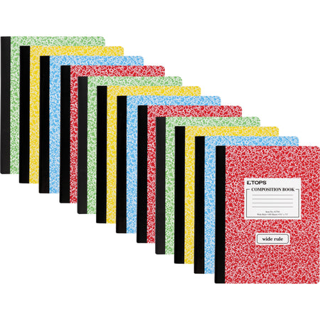 TOPS Wide Ruled Composition Books - 100 Sheets - 200 Pages - Sewn - Wide Ruled Front Ruling - Ruled Red Margin - 7 1/2" x 9 3/4" Sheet Size - White Paper - Assorted Marble Hardboard Cover - 12 / Carton