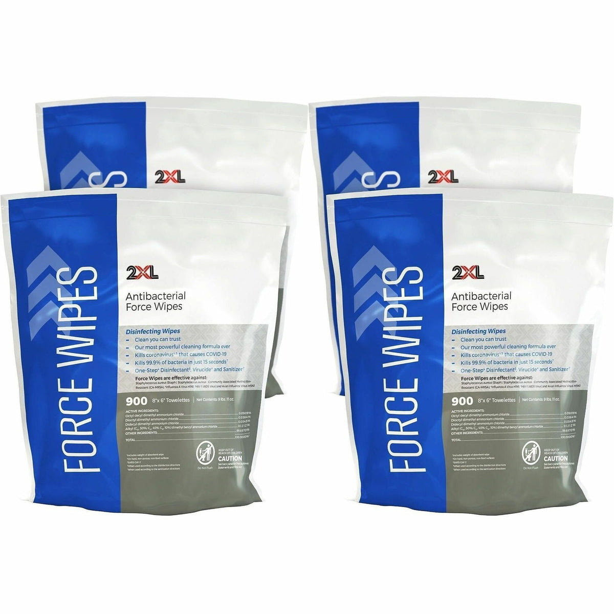 2XL Antibacterial Force Wipes Bucket Refill - Non-irritating, Soft, Hygienic, Durable, Absorbent, Anti-bacterial, Disposable, Disinfectant, Non-irritating, Absorbent, Refillable - White - 900/Pack - 4 / Carton