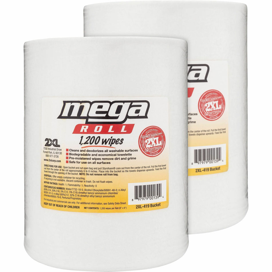 2XL Mega Roll Wipes Refill - Phenol-free, Alcohol-free, Bleach-free, Perforated - White - 1200/Roll - 2 / Carton