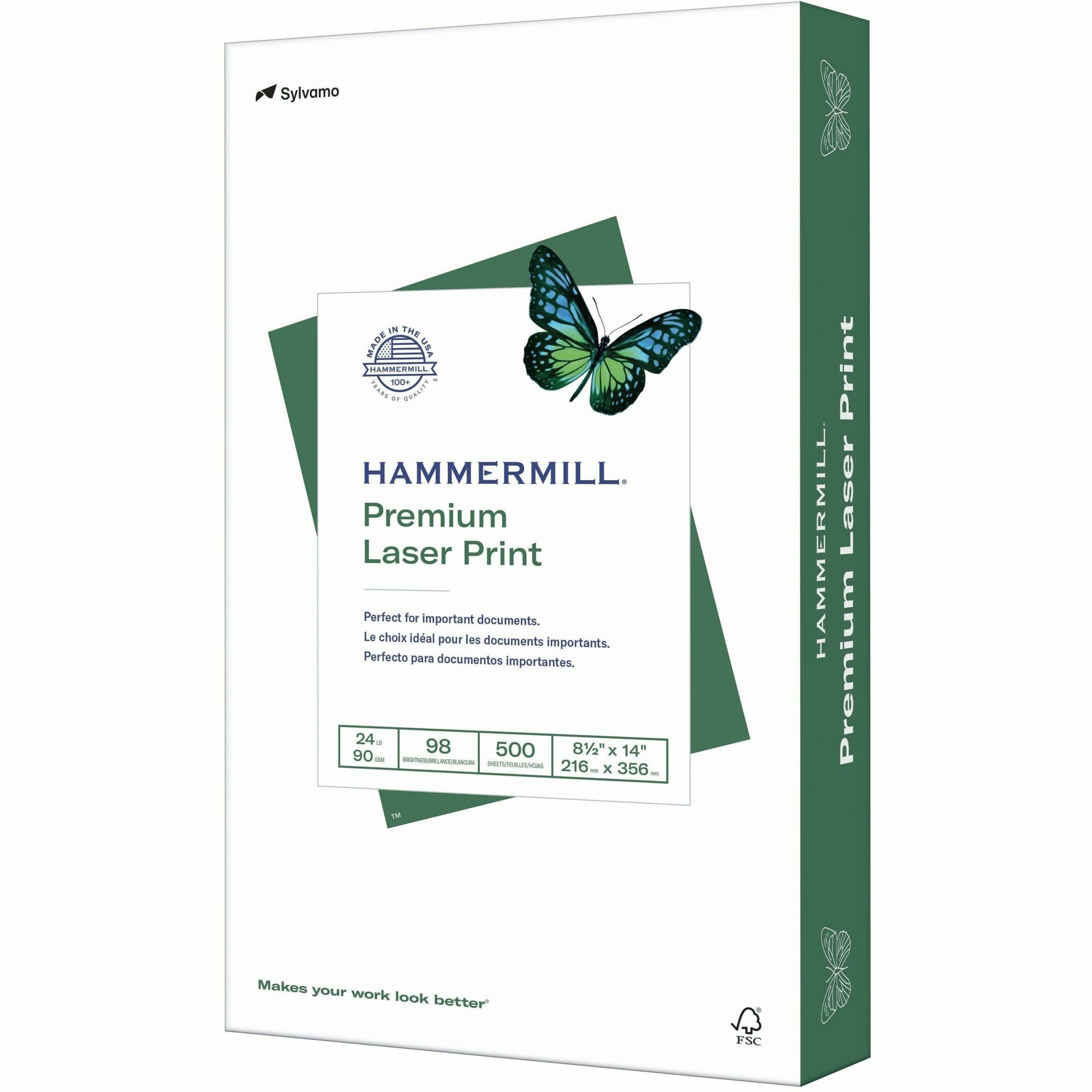 Hammermill Premium Laser Print Paper - White - 98 Brightness - Legal - 8 1/2" x 14" - 24 lb Basis Weight - Ultra Smooth - Sustainable Forestry Initiative (SFI) - White - 500 / Ream