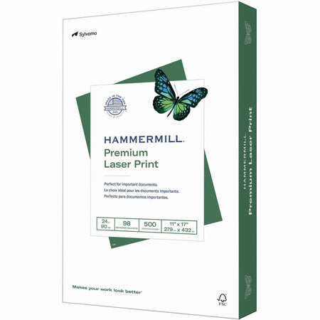 Hammermill Premium Laser Print Paper - White - 98 Brightness - Ledger/Tabloid - 11" x 17" - 24 lb Basis Weight - Ultra Smooth - Sustainable Forestry Initiative (SFI) - White - 500 / Ream
