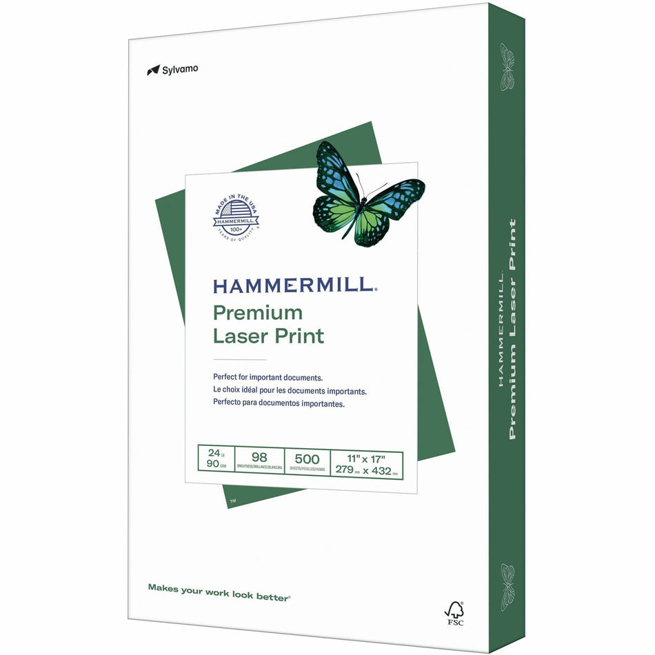 Hammermill Premium Laser Print Paper - White - 98 Brightness - Ledger/Tabloid - 11" x 17" - 24 lb Basis Weight - Ultra Smooth - Sustainable Forestry Initiative (SFI) - White - 500 / Ream