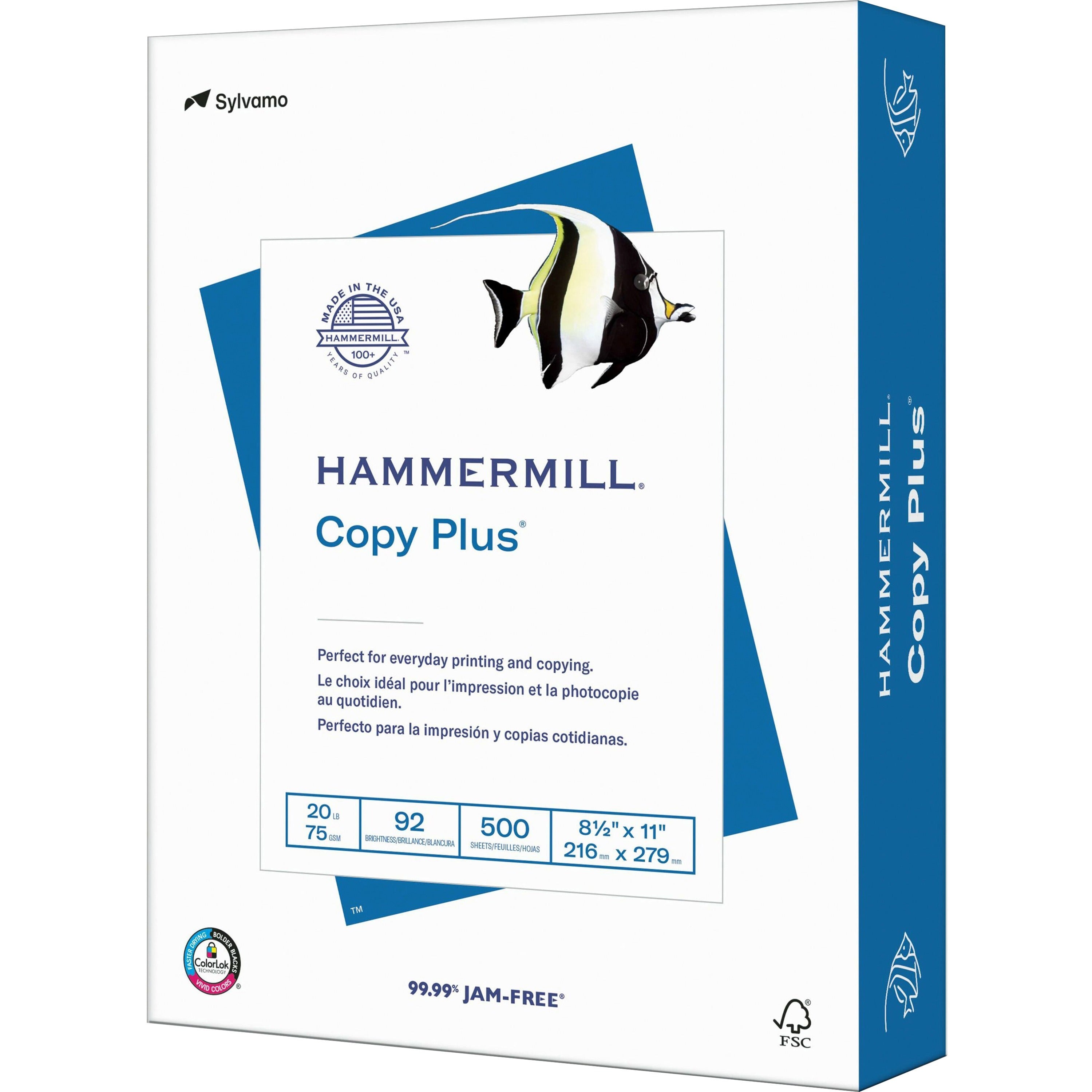 Hammermill Copy Plus Paper - White - 92 Brightness - Letter - 8 1/2" x 11" - 20 lb Basis Weight - Acid-free, Quick Drying - White - 500 / Ream