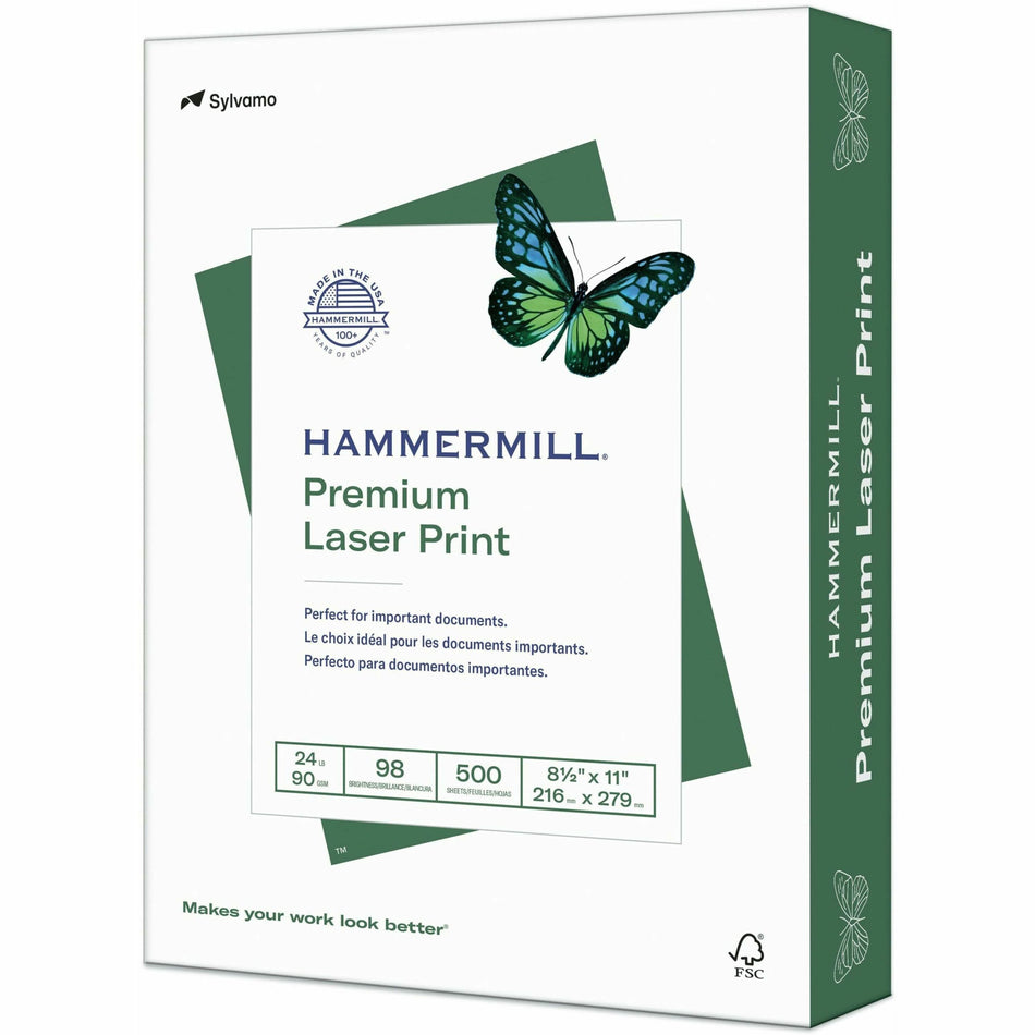 Hammermill Premium Laser Print Copy Paper - White - 98 Brightness - Letter - 8 1/2" x 11" - 24 lb Basis Weight - Ultra Smooth - Sustainable Forestry Initiative (SFI) - White - 500 / Ream
