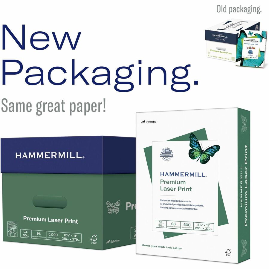 Hammermill Premium Laser Print Copy Paper - White - 98 Brightness - Letter - 8 1/2" x 11" - 24 lb Basis Weight - Ultra Smooth - Sustainable Forestry Initiative (SFI) - White - 500 / Ream
