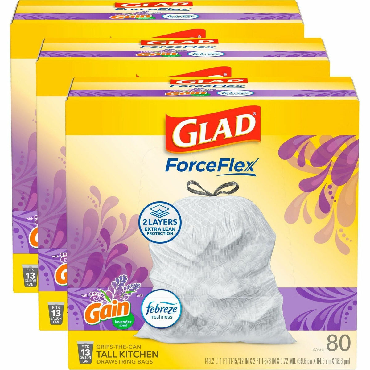 Glad ForceFlex Tall Kitchen Drawstring Trash Bags - Gain Lavender with Febreze Freshness - 13 gal Capacity - 27.36" Length x 24.02" Width x 0.78 mil (20 Micron) Thickness - Drawstring Closure - White - Garbage, Office, Kitchen - 80/Box - 3 / Carton