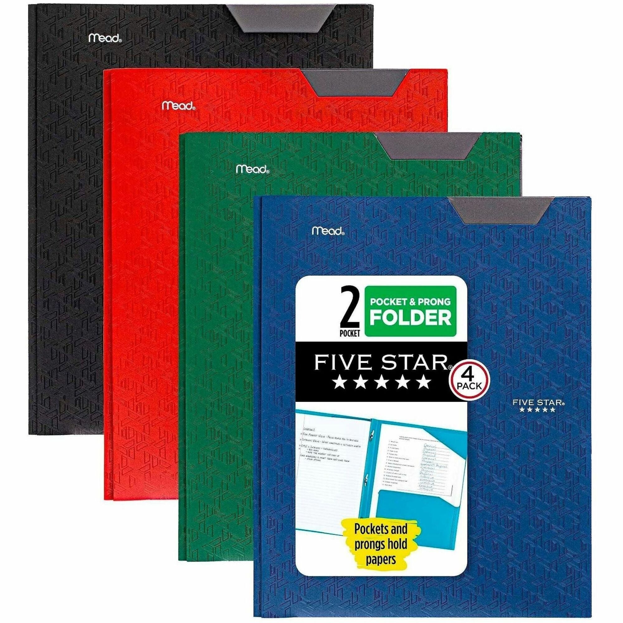 Mead Pocket Folder - 3 x Prong Fastener(s) - 2 Pocket(s) - Assorted - 4 / Pack