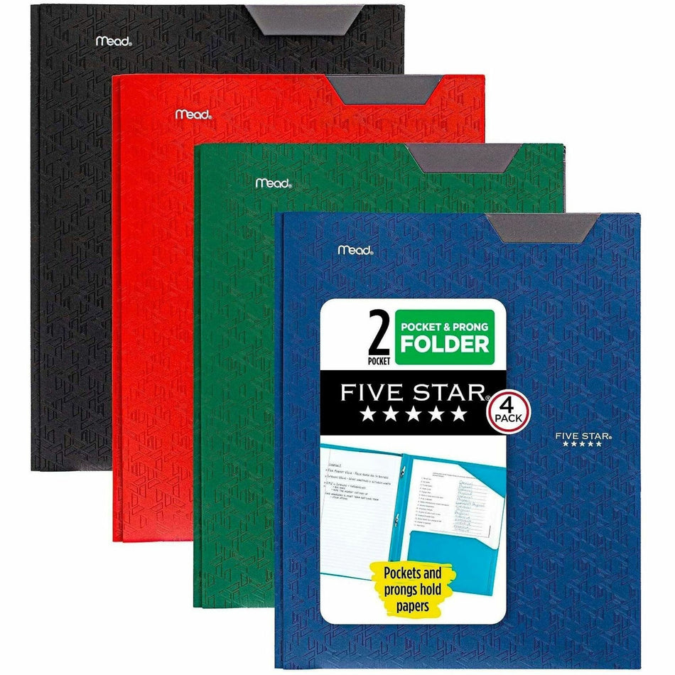 Mead Pocket Folder - 3 x Prong Fastener(s) - 2 Pocket(s) - Assorted - 4 / Pack