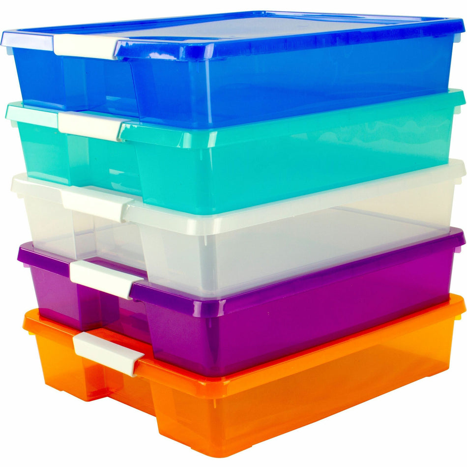 Storex Storage Case - External Dimensions: 14" Length x 14" Width x 3" Height - Latching Closure - Stackable - Assorted Bright - For Classroom Supplies, Paper, Decoration Equipment, Craft Supplies - 5 / Carton