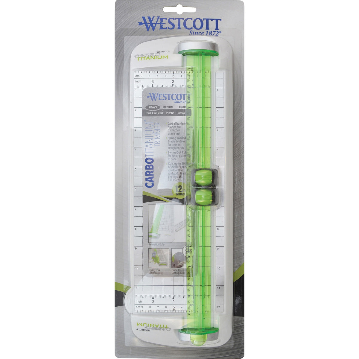 Westcott Carbo Titanium Bonded Narrow Trimmer, 12" (16682) - CarboTitanium Blade - 12" Cutting Length - 1.6" Height x 6.9" Width x 19.4" Length - Spring-loaded Blade - White, Green - 1 Each