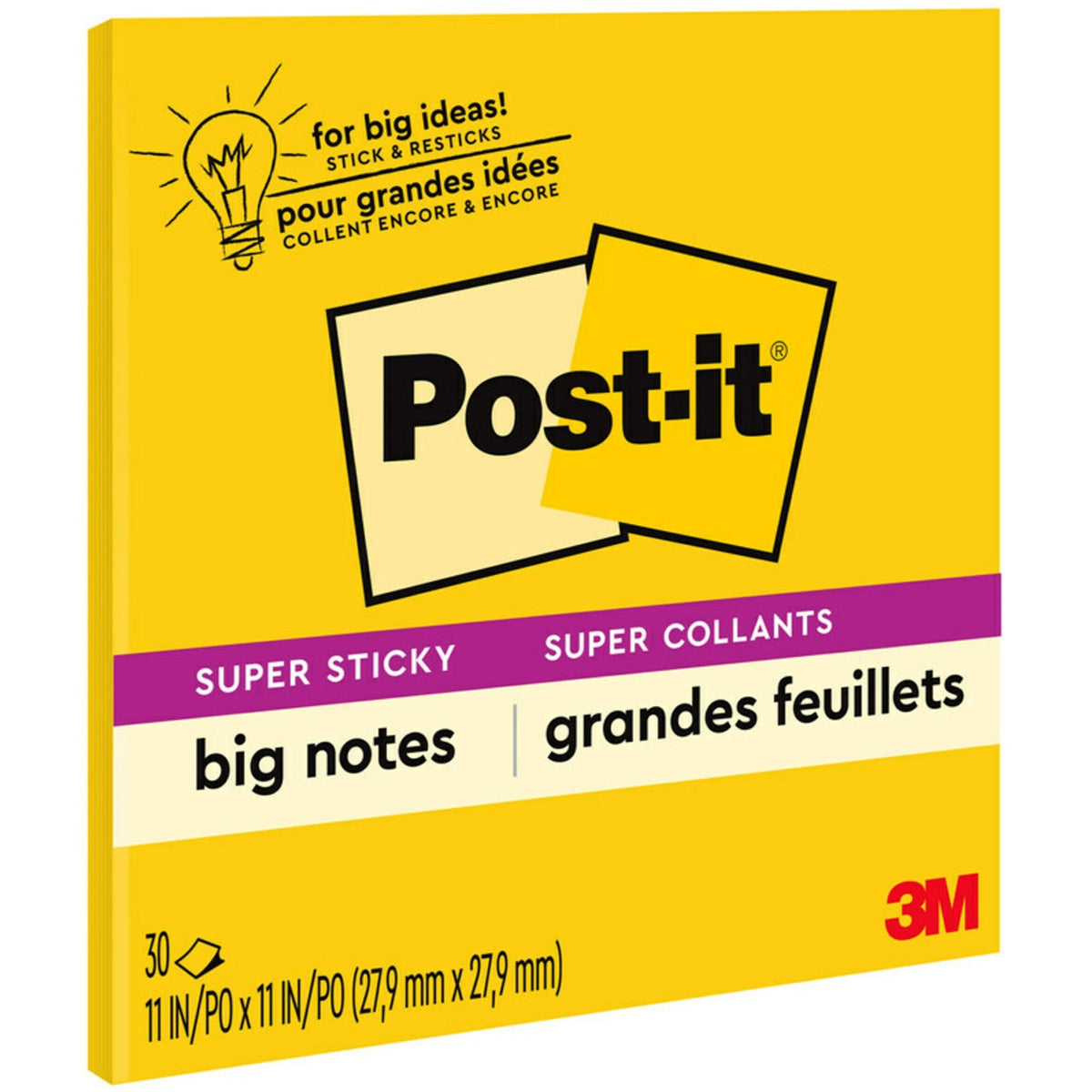 Post-it® Super Sticky Big Notes - 10 63/64" Flag/Note Width x 10 63/64" Flag/Note Length - Square - 30 Sheets per Pad - Canary Yellow - 1 Each