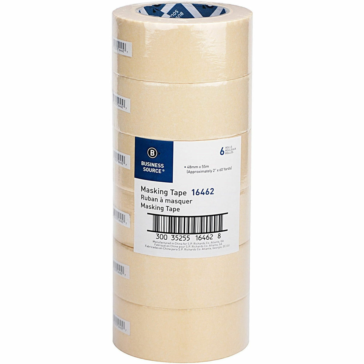 Business Source Utility-purpose Masking Tape - 60 yd Length x 2" Width - 3" Core - Tan - Crepe Paper Backing - For Bundling, Holding, Sealing, Masking - 6 / Pack