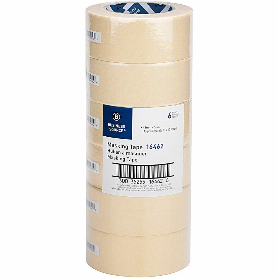 Business Source Utility-purpose Masking Tape - 60 yd Length x 2" Width - 3" Core - Tan - Crepe Paper Backing - For Bundling, Holding, Sealing, Masking - 6 / Pack