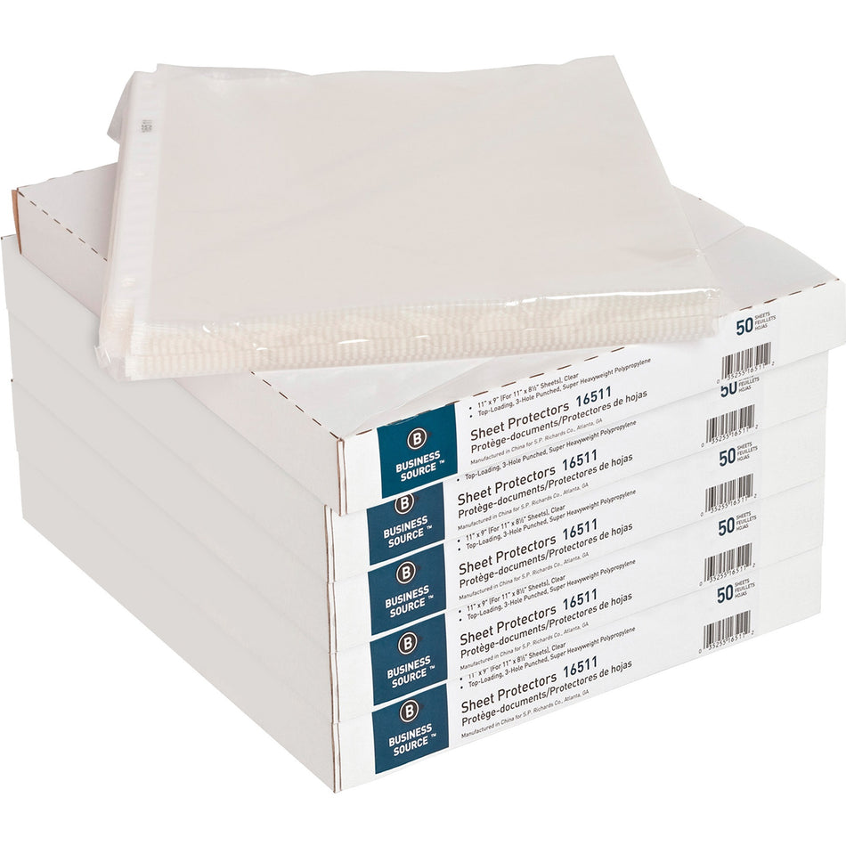 Business Source Sheet Protectors - For Letter 8 1/2" x 11" Sheet - 3 x Holes - Ring Binder - Top Loading - Rectangular - Clear - Polypropylene - 50/Box - 5 / Carton