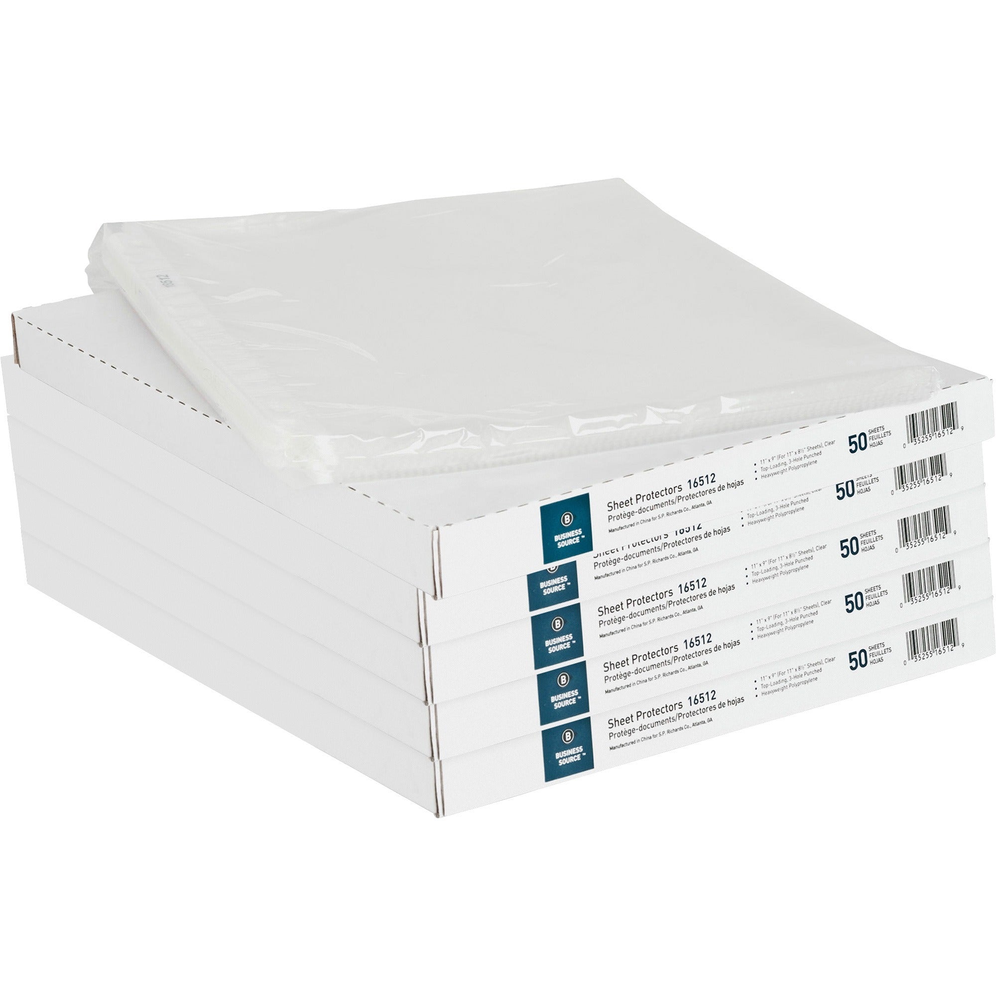 Business Source Sheet Protectors - For Letter 8 1/2" x 11" Sheet - 3 x Holes - Ring Binder - Top Loading - Rectangular - Clear - Polypropylene - 50/Box - 5 / Bundle