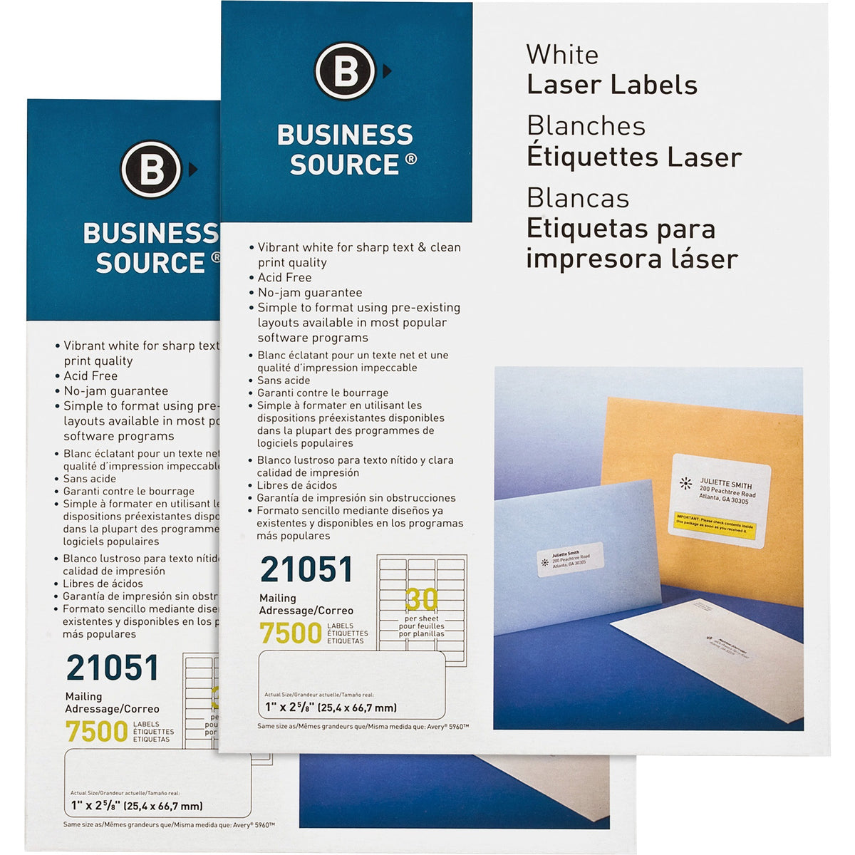 Business Source Bright White Premium-quality Address Labels - 1" Width x 2 5/8" Length - Permanent Adhesive - Rectangle - Laser, Inkjet - White - Jam-free - 30 / Sheet - 250 Total Sheets - 7500/Pack - 2 / Carton