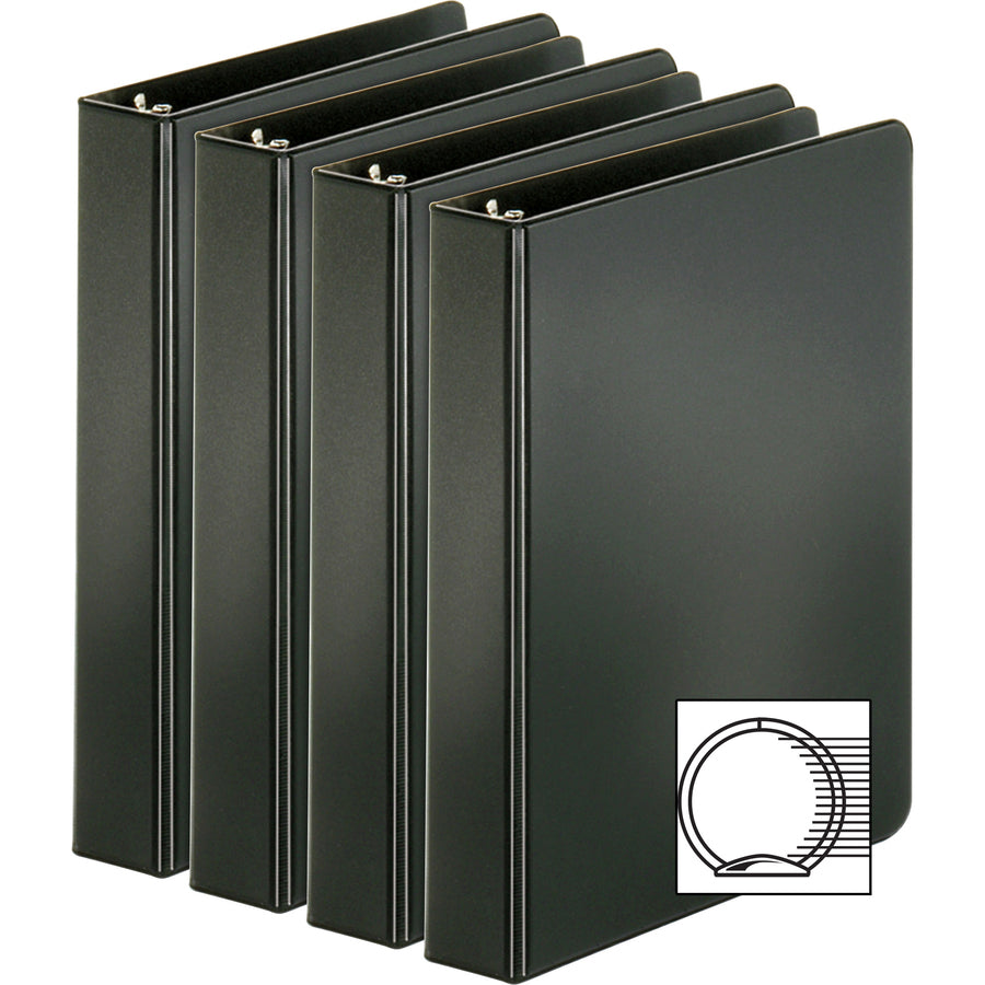 Business Source Basic Round Ring Binders - 1" Binder Capacity - 240 Sheet Capacity - 3 Ring(s) - Fastener(s): Round Ring - Pocket(s): Inside Front & Back - Chipboard, Polypropylene - Black - Exposed Rivet, Sturdy, Open and Closed Triggers - 4 / Bundle