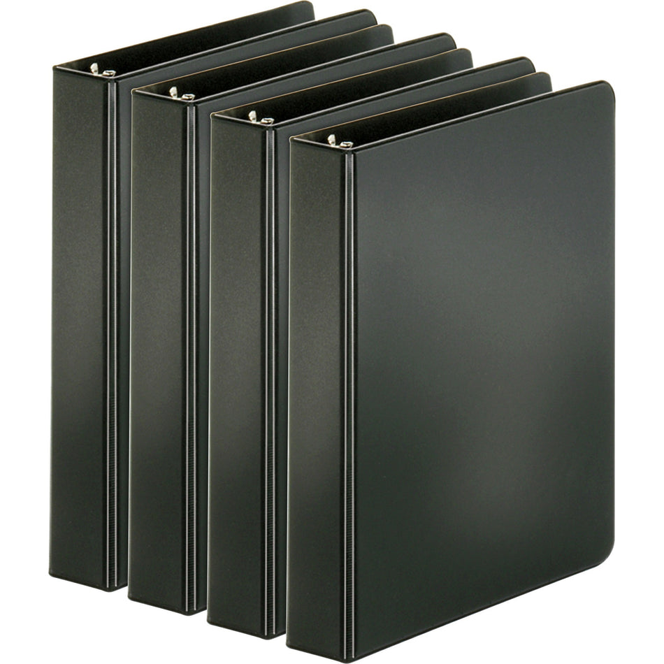 Business Source Basic Round Ring Binders - 1" Binder Capacity - 240 Sheet Capacity - 3 Ring(s) - Fastener(s): Round Ring - Pocket(s): Inside Front & Back - Chipboard, Polypropylene - Black - Exposed Rivet, Sturdy, Open and Closed Triggers - 4 / Bundle