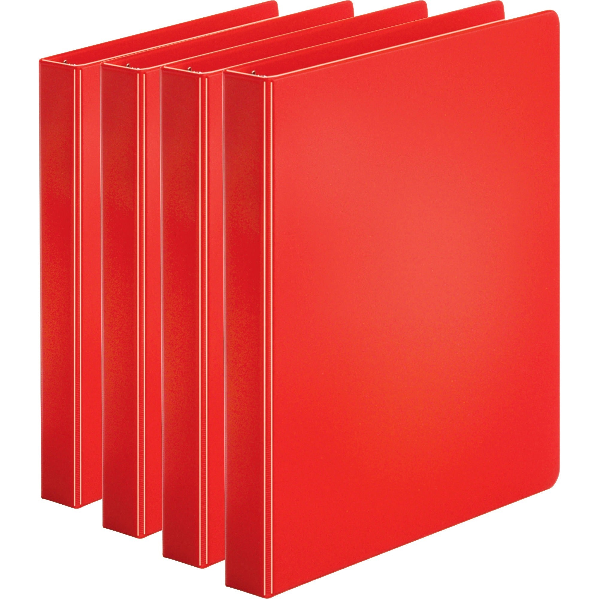 Business Source Basic Round Ring Binders - 1" Binder Capacity - Letter - 8 1/2" x 11" Sheet Size - 225 Sheet Capacity - 3 Ring(s) - Fastener(s): Round Ring - Pocket(s): Internal - Chipboard, Polypropylene - Red - Exposed Rivet, Sturdy - 4 / Bundle