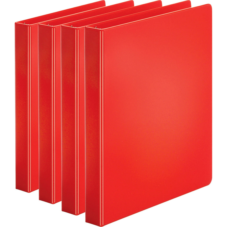 Business Source Basic Round Ring Binders - 1" Binder Capacity - Letter - 8 1/2" x 11" Sheet Size - 225 Sheet Capacity - 3 Ring(s) - Fastener(s): Round Ring - Pocket(s): Internal - Chipboard, Polypropylene - Red - Exposed Rivet, Sturdy - 4 / Bundle