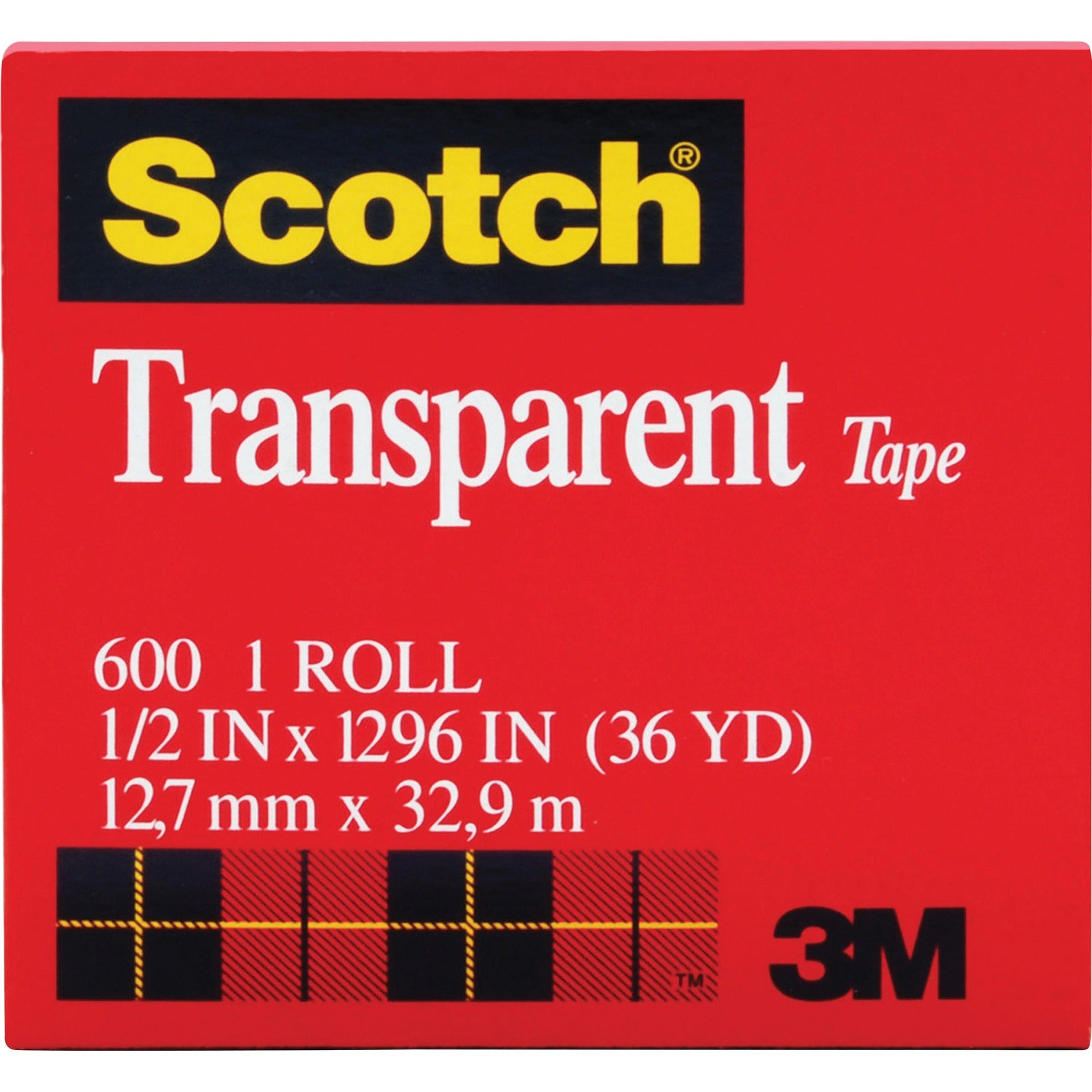 Scotch Transparent Tape - 1/2"W - 36 yd Length x 0.50" Width - 1" Core - Clear - Moisture Resistant, Stain Resistant, Long Lasting - For Multipurpose, Mending, Packing, Label Protection, Wrapping - 12 / Pack