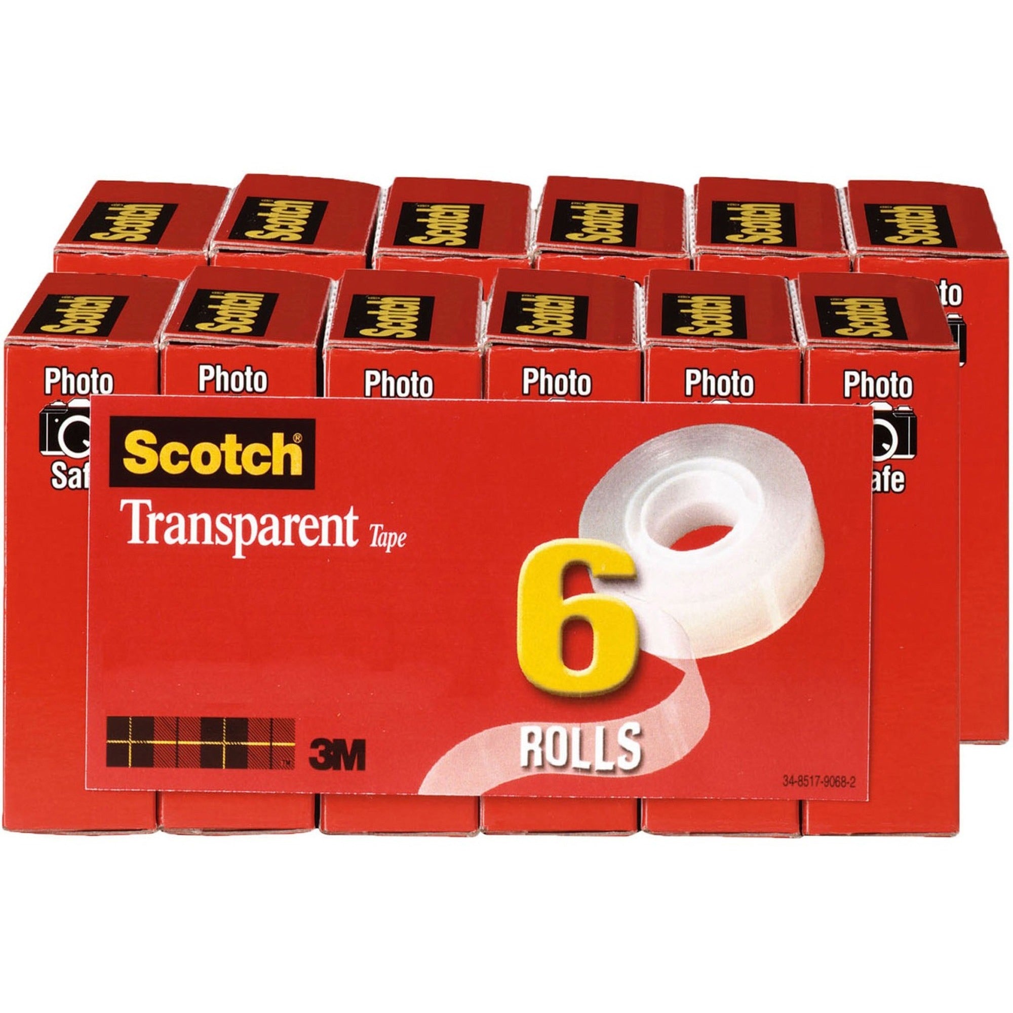 Scotch Transparent Tape - 3/4"W - 36 yd Length x 0.75" Width - 1" Core - Clear - Stain Resistant, Moisture Resistant, Long Lasting - For Wrapping, Sealing, Mending, Label Protection - 6/Pack - 2 / Bundle